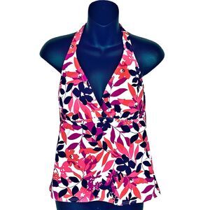 Land's End Halter Tankini Swimsuit Top Bathing Suit Pink Purple White - Size 8